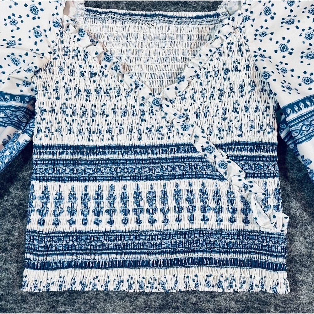 Faux Wrap Peasant Crop Top Women XS Blue Puff Sleeve Boho Cottagecore Smocked - Picture 4 of 9